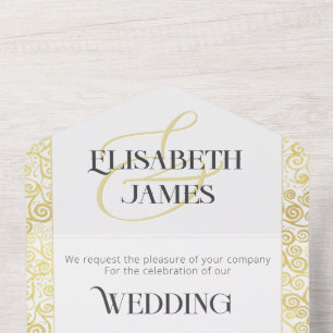 Elegante Barockklassische Hochzeit in Weiß und Gol All In One Einladung