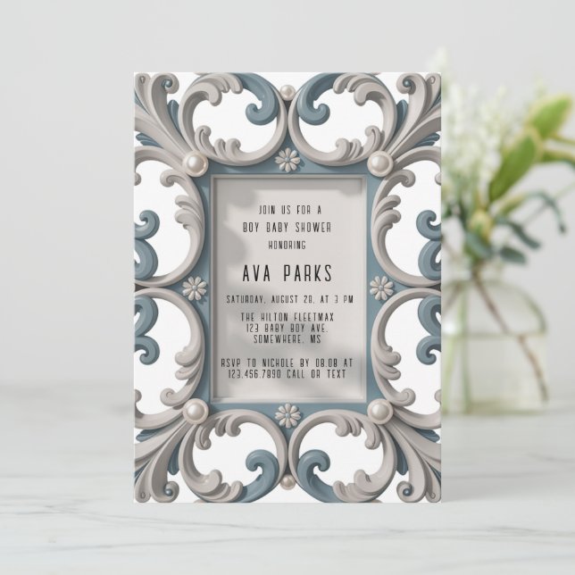 Elegante Baroque Baby Boy Dusche Einladung (Stehend Vorderseite)
