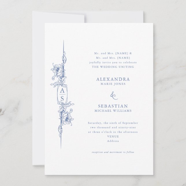 Elegante Baroque Blue French Floral Wedding Einladung (Vorderseite)