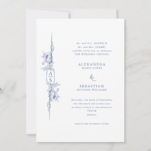 Elegante Baroque Blue French Floral Wedding Einladung