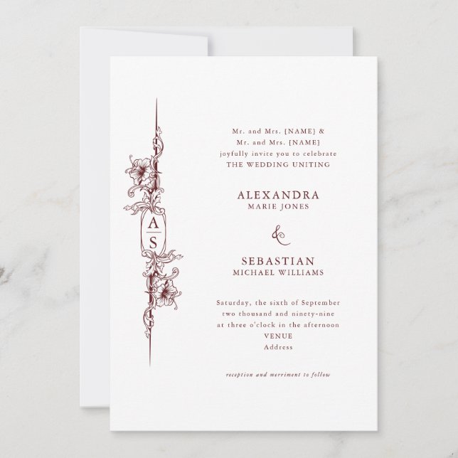 Elegante Baroque Burgund Rote Flora feierliche Hoc Einladung (Vorderseite)