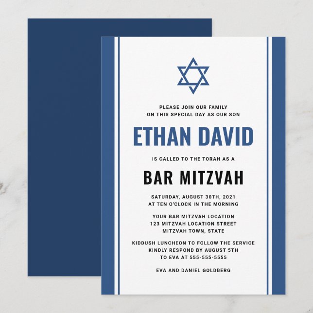 Elégante barre bleue mitzvah invitations (Devant / Derrière)