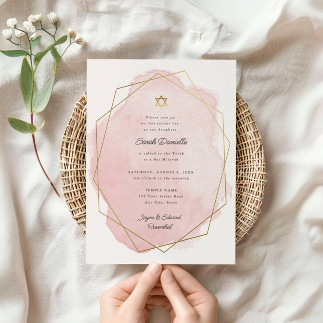 Elegante Bat Mitzvah Gold Star Rosa Wasserfarbe Einladung (Von Creator hochgeladen)