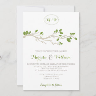 Elegante Baumzweig Grün/Beige Hochzeit Einladung
