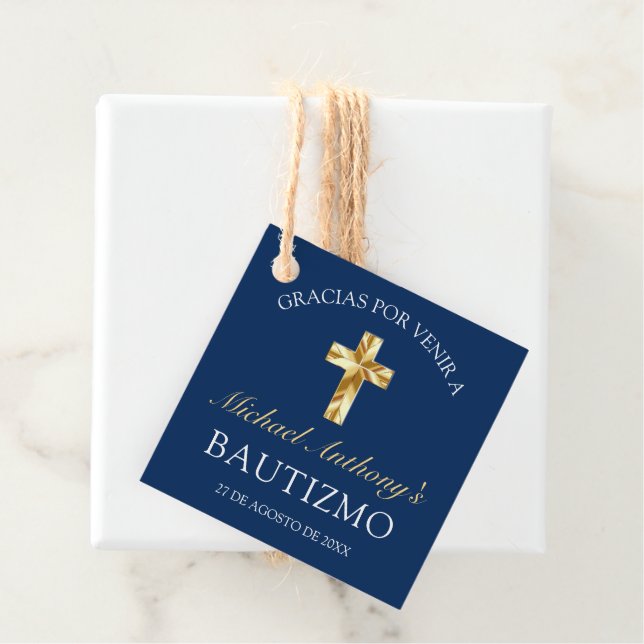 Elegante Bautismo de Bebé Azul Marino Dorado Geschenkanhänger (Beispiel)