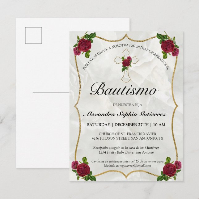 Elegante Bautismo de Bebé de Oro Rosa Rojo Einladungspostkarte (Vorne/Hinten)