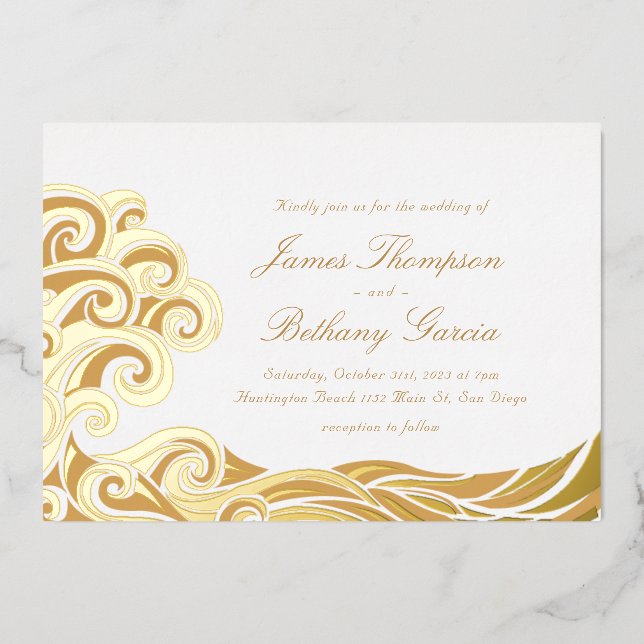 Elegante Beach Destination Foil Einladung (Vorderseite)