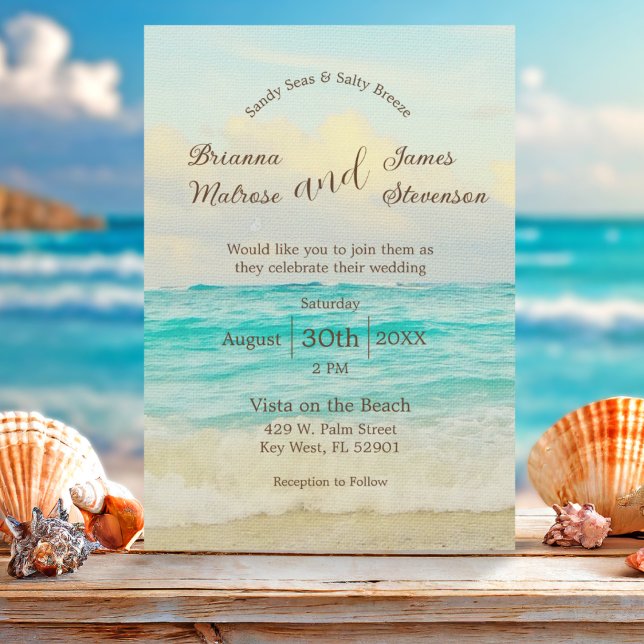 Elegante Beach Hochzeit Einladung (Coastal Beach wedding invitation featuring waves crashing onto the shore and elegant typography )