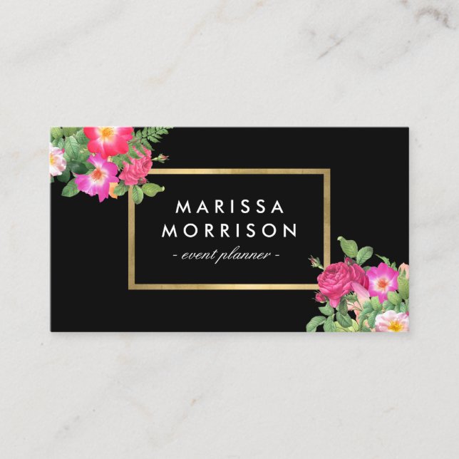 Elegante Beauty Florals Black and Imitate Gold Visitenkarte (Vorderseite)