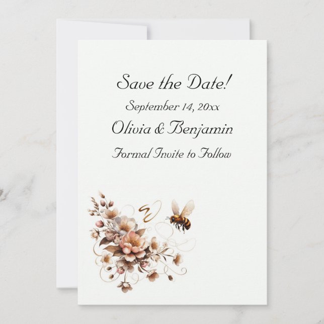 Elegante Bee & Floral Save the Date Card (Vorderseite)