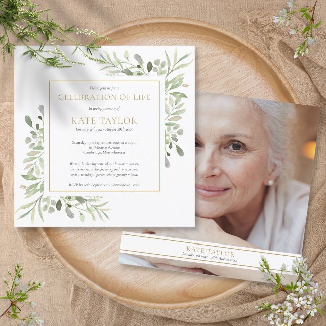 Elegante Beerdigung Foto Square Einladung (Elegant Funeral Celebration of Life Photo Square Invitation)