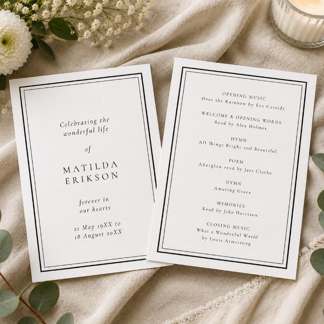Elegante Beerdigung | Klassischer Dienstorden Programm (Personalized funeral program with classic border for memorial order of service details.)