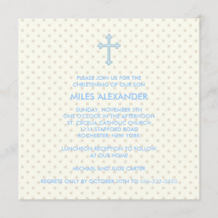 Elegante Beige-Blau-Kreuz-Jungen-Taufe Einladung