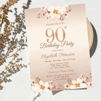 Elegante beige Blumen 90. Geburtstag Einladung