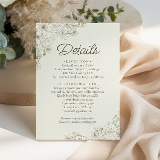 Elegante beige Blumen-Skript-Hochzeitsdetails Begleitkarte