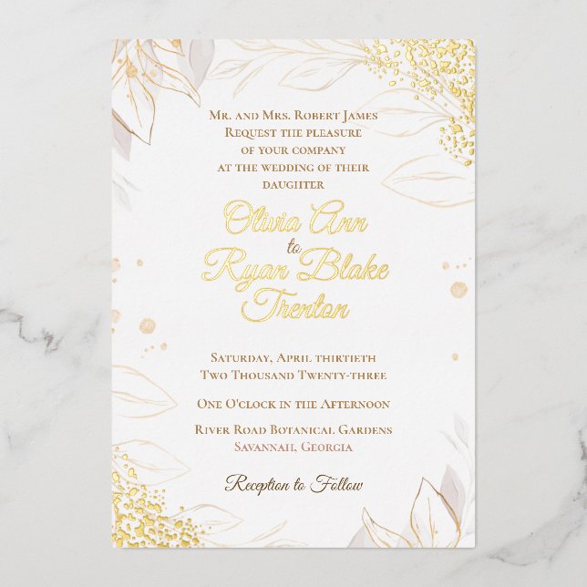 Elegante Beige Blütenfolie Einladung zur Hochzeit (Vorderseite)