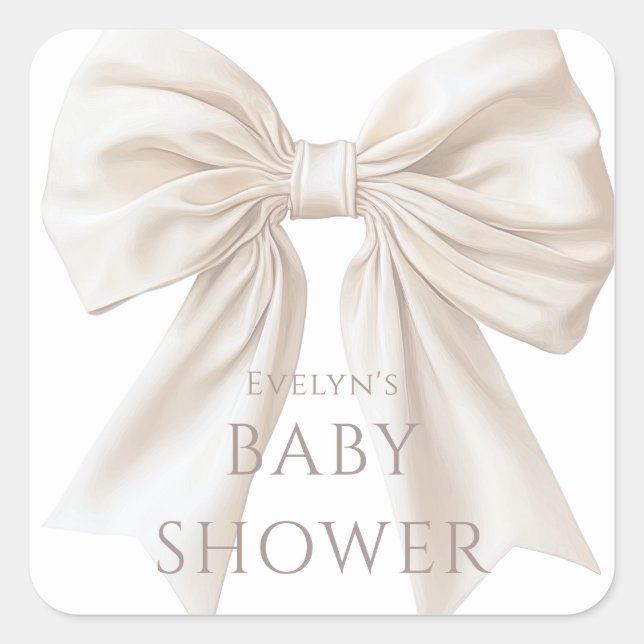 Elegante Beige Bow Gender Neutral Baby Dusche Quadratischer Aufkleber (Vorderseite)