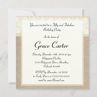 Elegante Beige-Burlap-Spitzen-Geburtstagseinladung Einladung