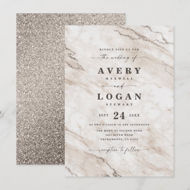 Elegante Beige Champagne Marble & Glitzer Wedding Einladung (Vorne/Hinten)