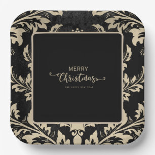 Elegante beige Damast Weihnachtscreme Teller