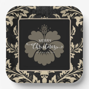 Elegante beige Damast Weihnachtscreme Teller