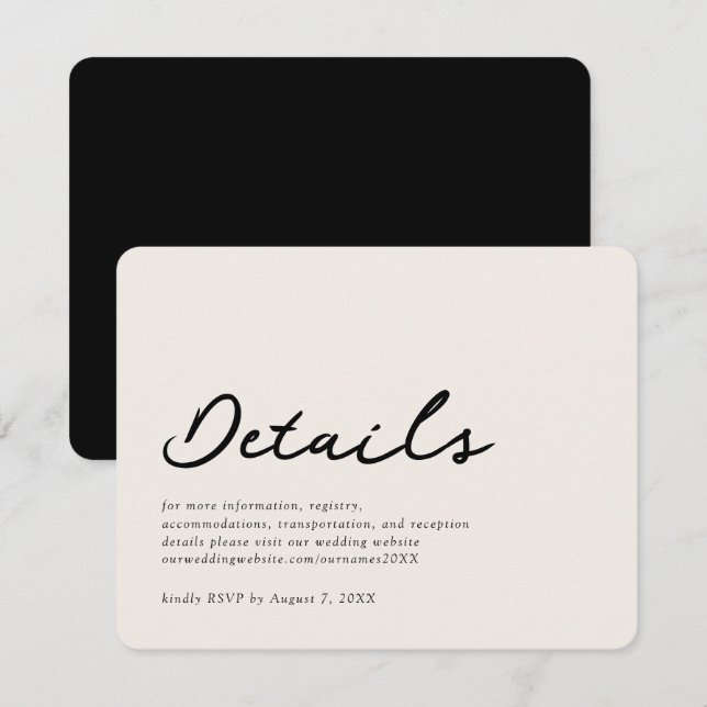 Elegante Beige Formal Wedding Details Card Begleitkarte (Vorne/Hinten)