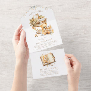 Elegante Beige & Gold Baby Duschbücher für Baby All In One Einladung