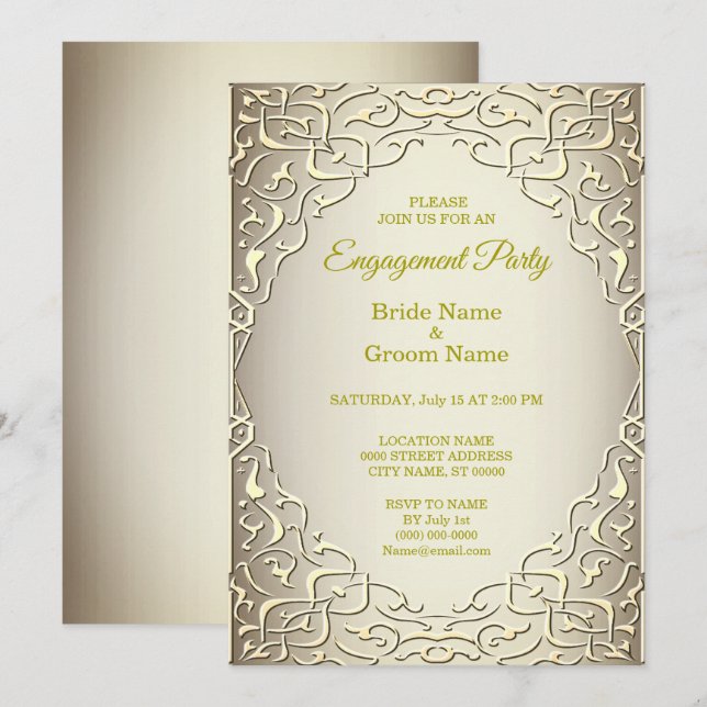 Elegante Beige Gold Dekorative Verlobung Einladung (Vorne/Hinten)