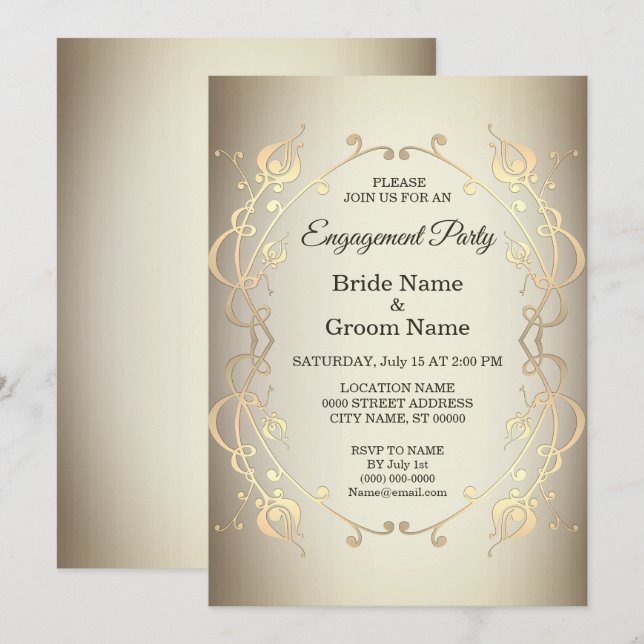 Elegante Beige Gold Verlobung Einladung (Vorne/Hinten)