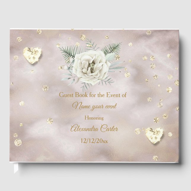 Elegante Beige Goldene Rosenherzen Rose Blumen Gästebuch (Vorderseite)