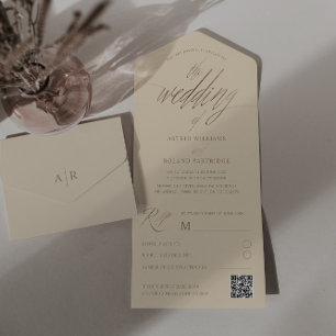 Elegante Beige & Imitats Goldkalligraphie Hochzeit All In One Einladung