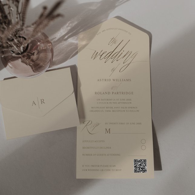 Elegante Beige & Imitats Goldkalligraphie Hochzeit All In One Einladung (Von Creator hochgeladen)