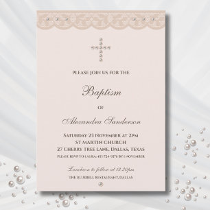 Elegante Beige Kreuz Taufzeremonie Christliche Tau Einladung