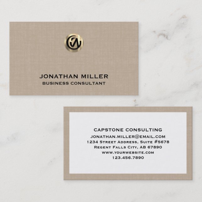Elegante Beige Linen Print Business Card Visitenkarte (Vorne/Hinten)