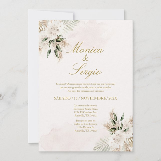 Elegante beige Pampa Hochzeit Einladung in Spanisc (Vorderseite)