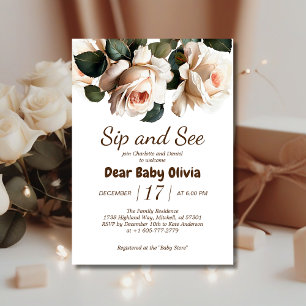 Elegante Beige Rose Sip and See Girl Baby Shower Einladung
