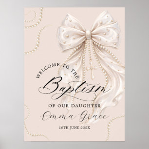 Elegante beige Schleife mit Perle zur Taufe Willko Poster