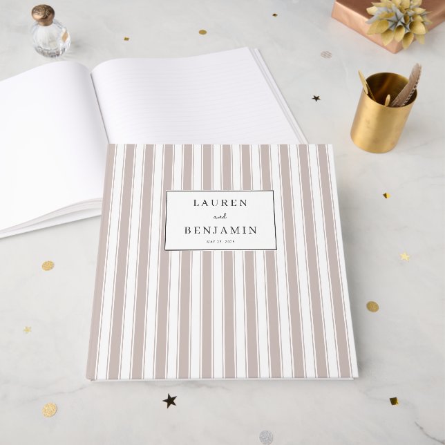 Elegante Beige Streifen mit goldenem Konfetti Gästebuch (Vorderseite offen)
