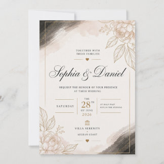 Elegante Beige- und Gold-Blumenhochzeits-Einladung Einladung