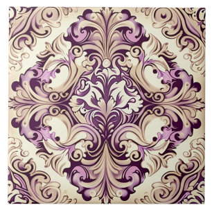 Elegante beige und rosa barocke Damast-Keramikflie Fliese
