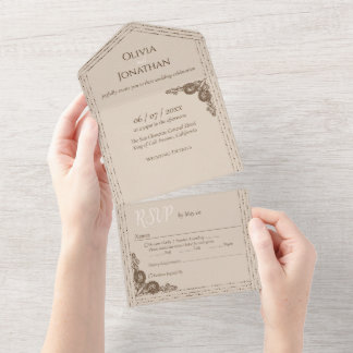 Elegante Beige Verziert in einer Hochzeitseinladun All In One Einladung