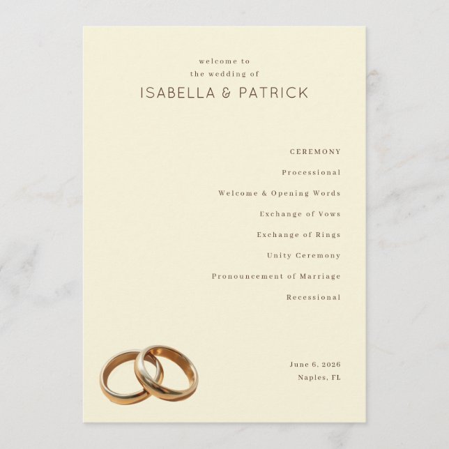 Elegante beigefarbene Hochzeitsringe Programm (Vorderseite)