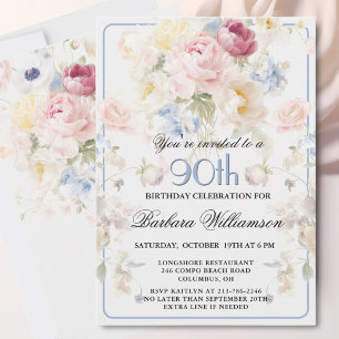 Elegante bemalte rosa Rosen-Blumen zum 90. Geburts Einladung