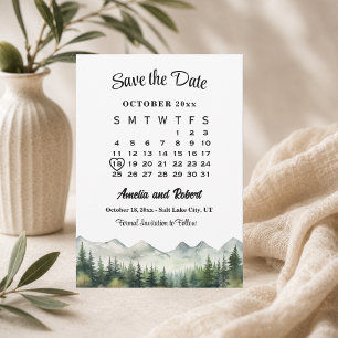 Elegante Berge und Kiefern Hochzeitskalender Save The Date