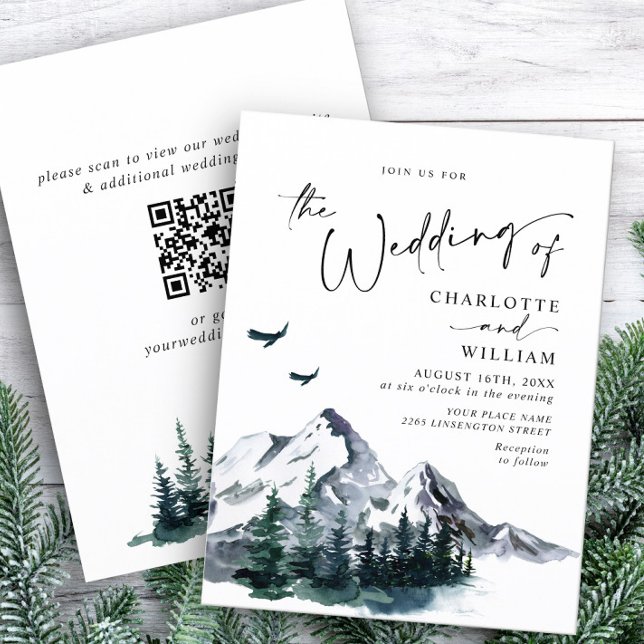 Elegante Berge Wald Hochzeit QR-Code Einladung (Von Creator hochgeladen)