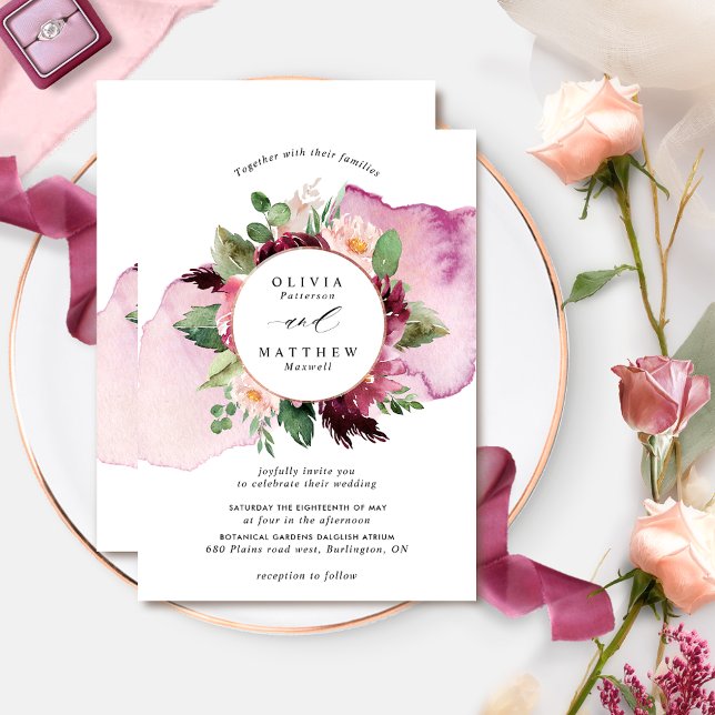 Elegante Berry Blush und Burgunder Blumenhochzeit  Einladung (Von Creator hochgeladen)