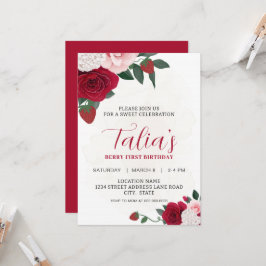 Elegante Berry Rose Erstgeburtstag Party herunterl Einladung