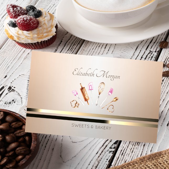 Elegante Berufliche Bäckereiwerkzeuge Gold Streife Visitenkarte (Von Creator hochgeladen)