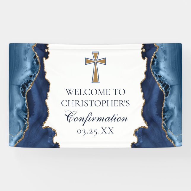 Elegante Bestätigung Cross Navy Blue Gold Agate Banner (Horizontal)