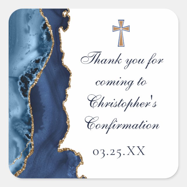Elegante Bestätigung Cross Navy Blue Gold Agate Quadratischer Aufkleber (Vorderseite)